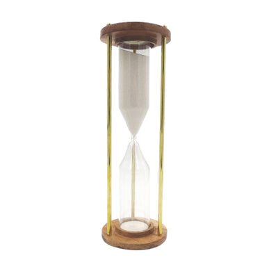 Klepsydra mosiężno-drewniana 30min z możliwością personalizacji grawerem - elegancki prezent na każdą okazję, wys. 30,5cm, biały piasek, klasyczne materiały