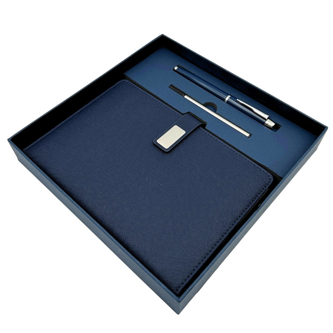 Elegancki Granatowy Skórzany Notes A5 z Długopisem i Personalizowanym Grawerem w Pudełku Prezentowym