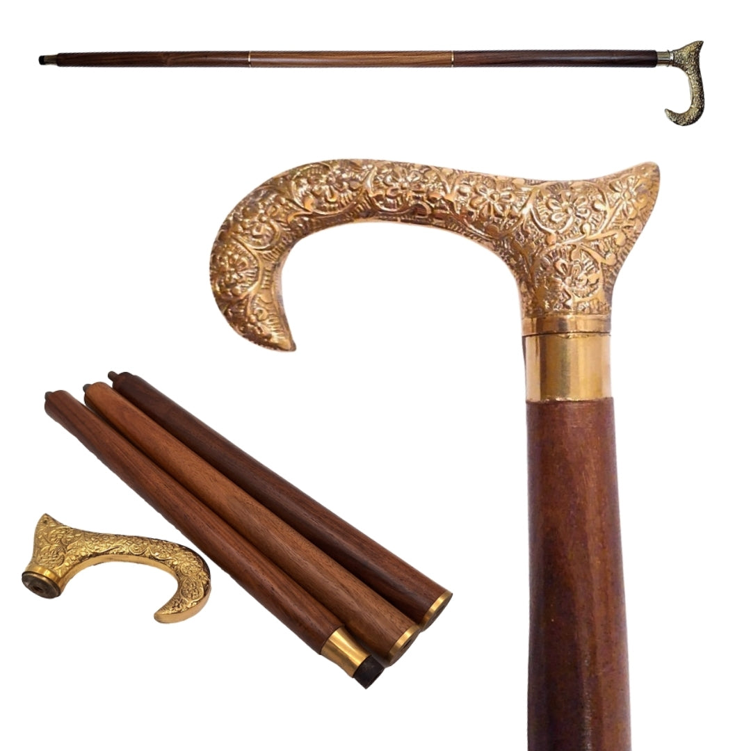 Fa sétabot aranyszínű markolattal - összecsukható - elegáns ajándék gravírozásos személyre szabási lehetőséggel - 91,5 cm, barna, sárgaréz fogantyúval