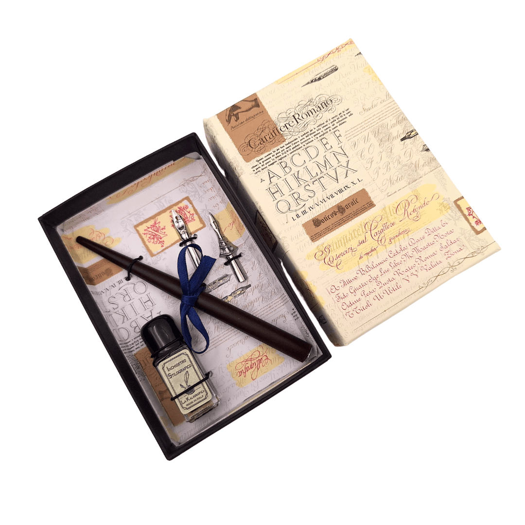 Kalligráfiai készlet személyre szabott gravírozással - olasz toll két tollheggyel és tintatartóval, ideális ajándéknak - elegáns csomagolás 12.5x8,5x3cm