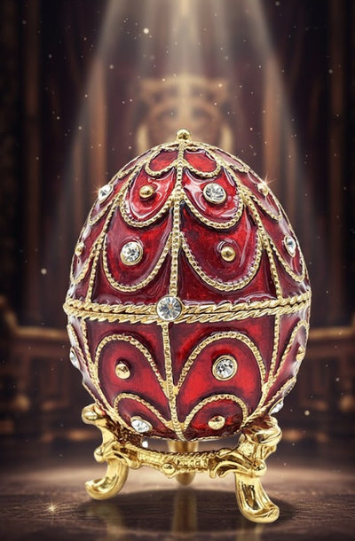 Ekskluzywna metalowa szkatułka Fabergé z kryształkami w kolorze czerwono-złotym, możliwość personalizacji grawerem, idealna na prezent, wymiary 5,5x6,5cm