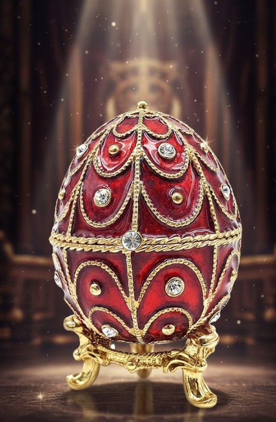 Ekskluzywna metalowa szkatułka Fabergé z kryształkami w kolorze czerwono-złotym, możliwość personalizacji grawerem, idealna na prezent, wymiary 5,5x6,5cm
