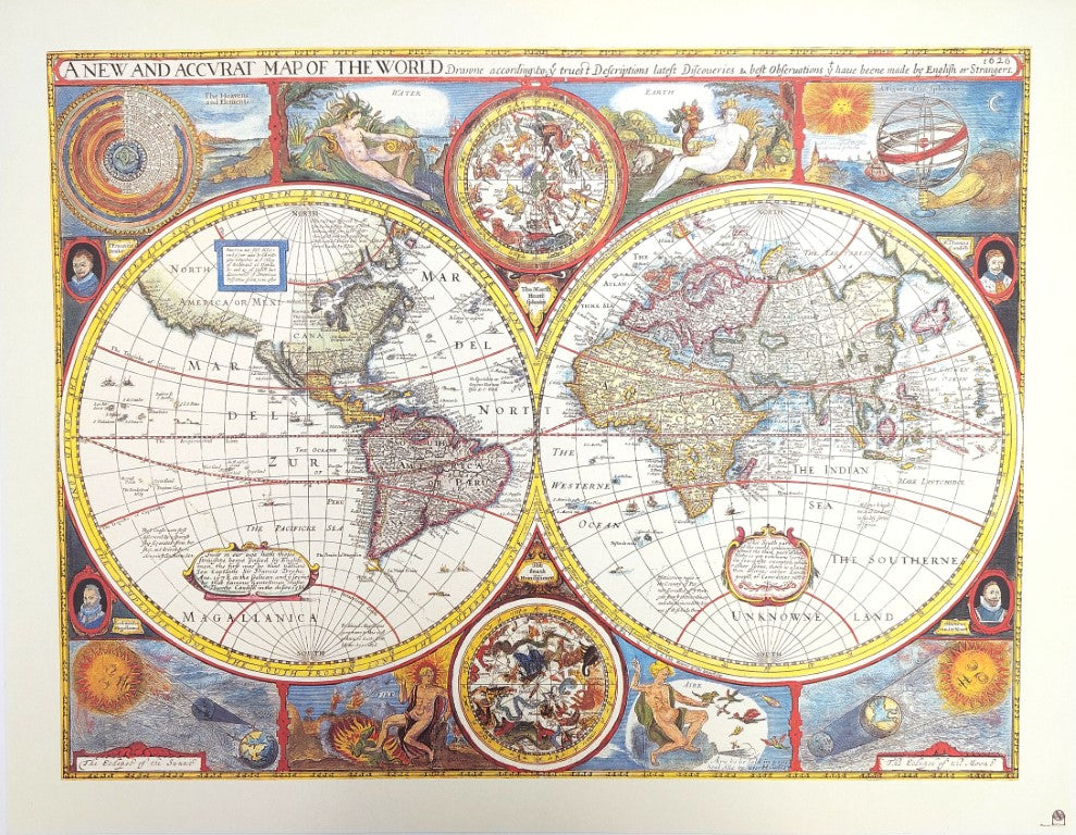 Mapa Świata Retro z Grawerem - Personalizowana Dekoracja na Prezent - Reprint Johna Speeda z 1651 roku - Wymiary 52 x 39 cm - Kolorowa i Szczegółowa Grafika