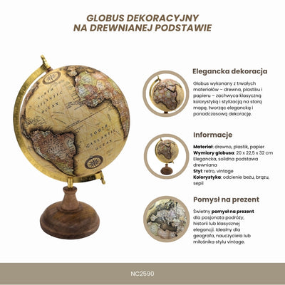Stílusos retro dekoratív földgömb fa talpon, 32 cm, személyre szabható gravírozással