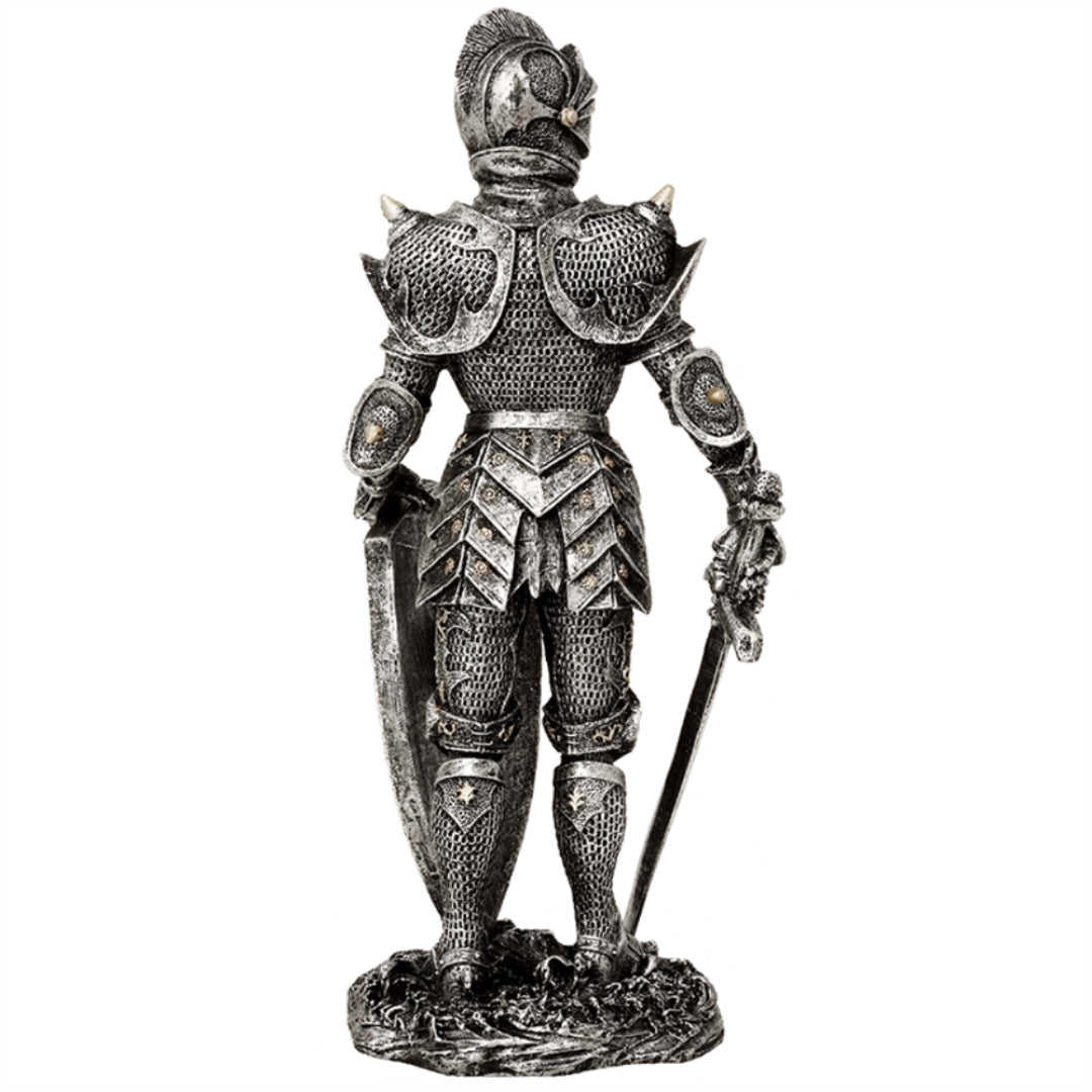 Figurka Dekoracyjna Rycerz w Srebrnej Zbroi 30 cm z Możliwością Personalizacji Grawerem - Elegancki Prezent dla Miłośników Historii i Fantasy, Ręcznie Malowana z Polyresinu