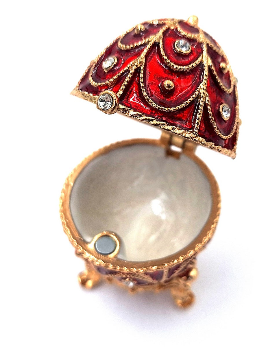 Ekskluzywna metalowa szkatułka Fabergé z kryształkami w kolorze czerwono-złotym, możliwość personalizacji grawerem, idealna na prezent, wymiary 5,5x6,5cm