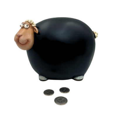Bárány persely táblafestékkel, személyre szabható gravírozással - fekete bézs és fehér elemekkel, magasság 19,5 cm