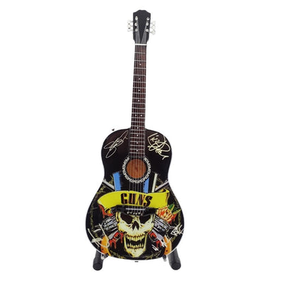 Guns N' Roses Tribute MGT-3124 klasszikus mini gitár személyre szabható gravírozási lehetőséggel, ideális ajándék gitárosnak, mahagóni fából készült, magasság: 25 cm