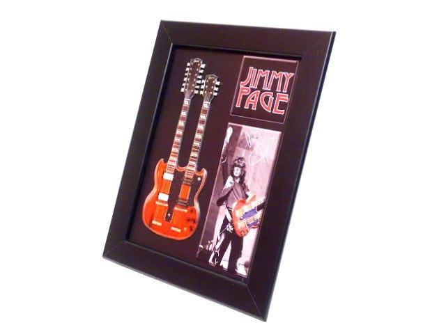 Jimmy Page stílusú double neck mini gitár FMG-011 személyre szabható gravírozási lehetőséggel, ideális ajándék – fa keret 1,3cm x 16cm x 21,4cm, acélszerkezet