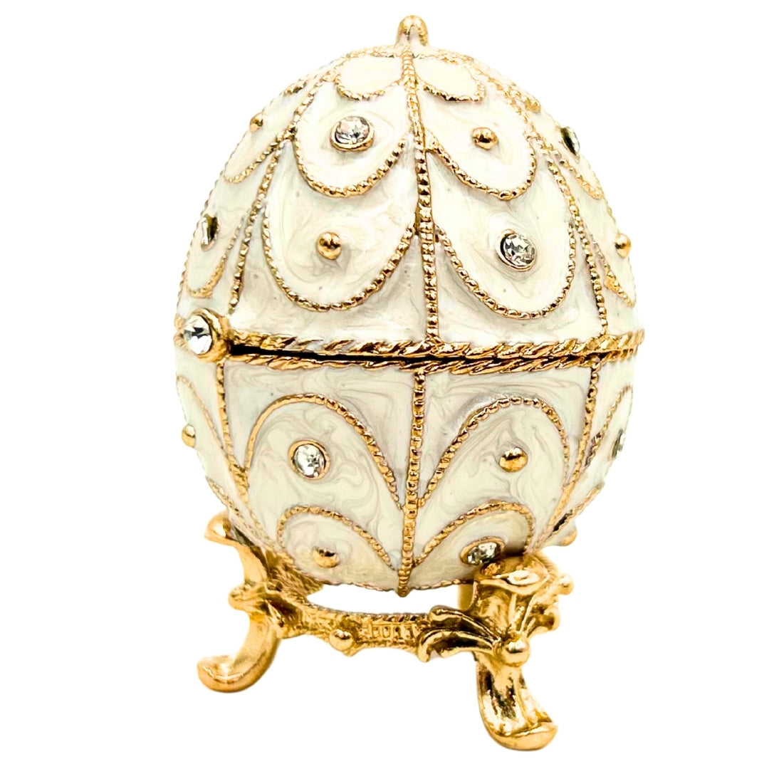 Ekskluzywna Szkatułka Jajo Fabergé Metalowa z Kryształkami w Kolorze Biało-Złotym z Możliwością Personalizacji Grawerem