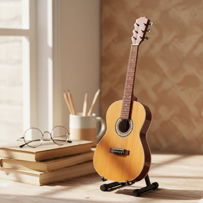 Mini klasszikus gitár gravírozással - fa mahagóni dekoráció, 25 cm