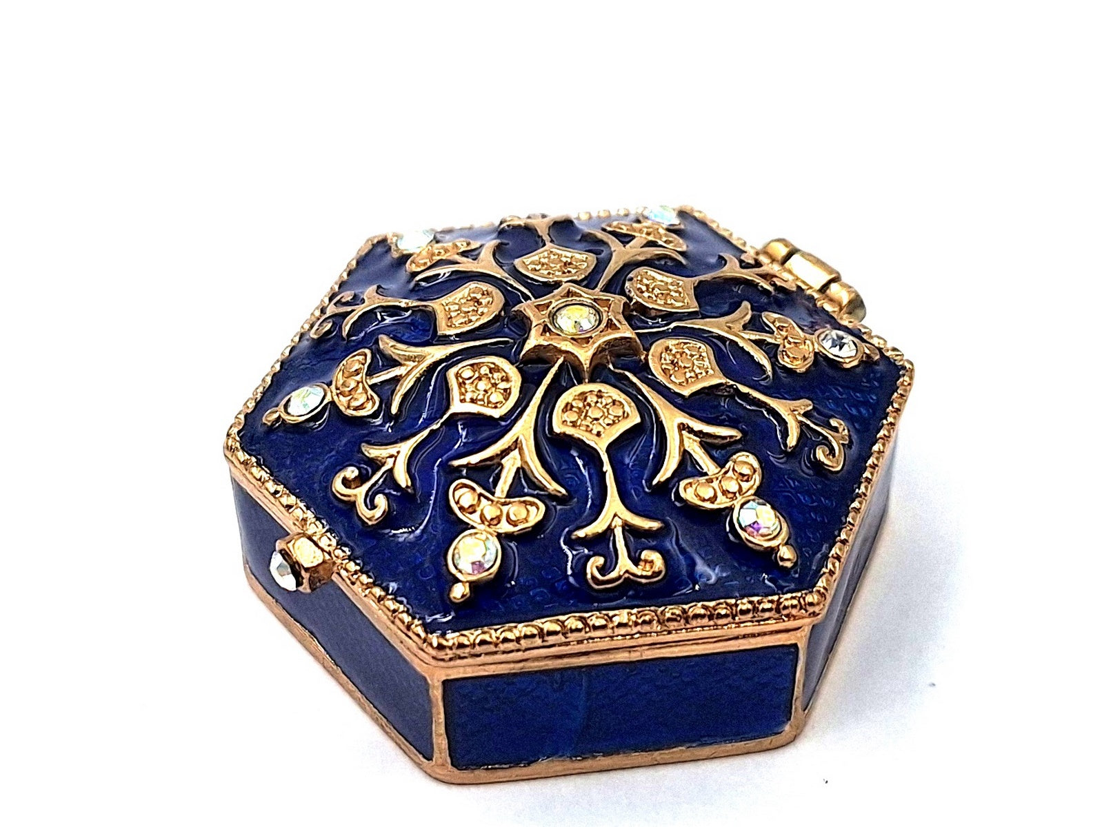 Elegancka metalowa szkatułka prezentowa z kryształkami B0035-08BL w granatowo-złotej kolorystyce z możliwością personalizacji grawerem