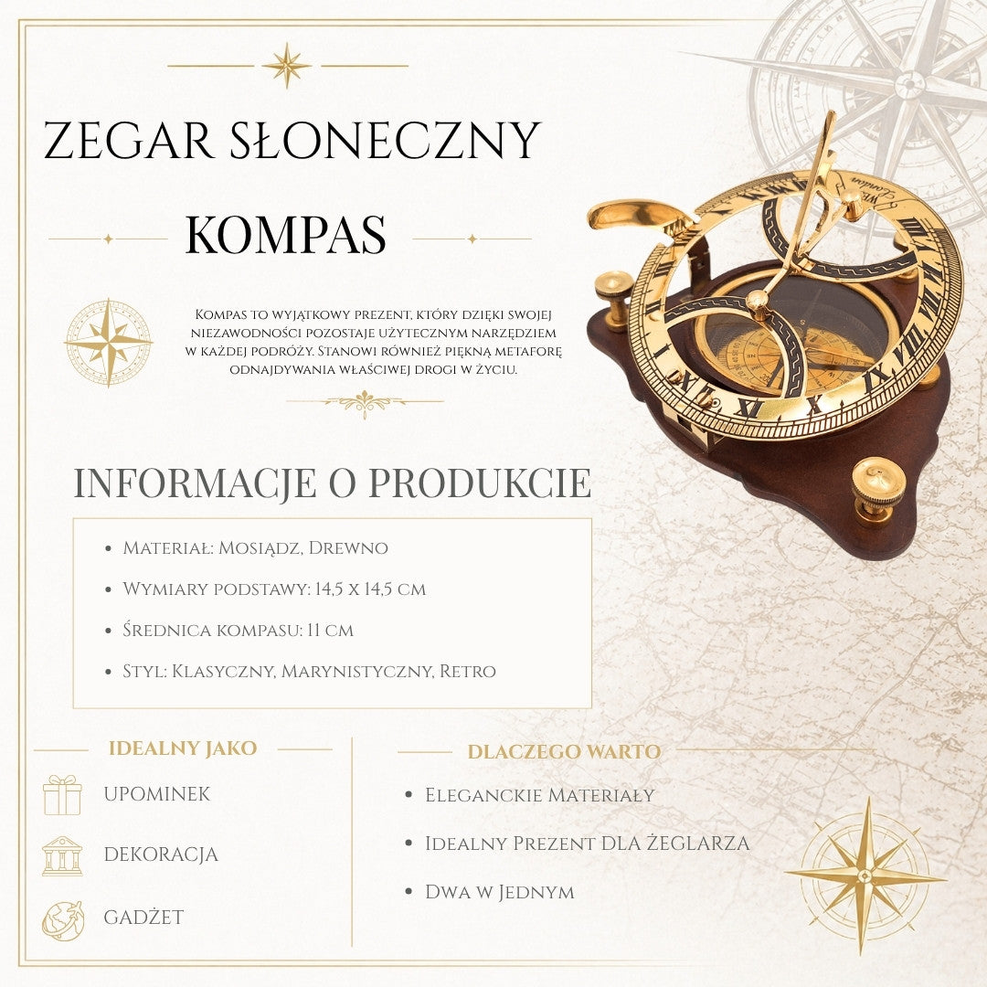 Elegáns sárgaréz iránytű napórával fa talpon, C064, személyre szabható gravírozással