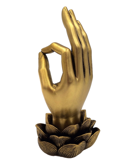 Arany Buddha-kéz Mudra OM szobrocska gravírozással - elegáns ajándék dekoráció - lótuszvirág, 21cm, polirezin, glamour stílus