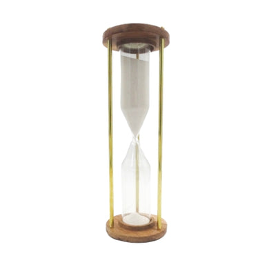Klepsydra mosiężno-drewniana 30min z możliwością personalizacji grawerem - elegancki prezent na każdą okazję, wys. 30,5cm, biały piasek, klasyczne materiały