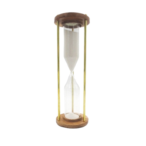Klepsydra mosiężno-drewniana 30min z możliwością personalizacji grawerem - elegancki prezent na każdą okazję, wys. 30,5cm, biały piasek, klasyczne materiały