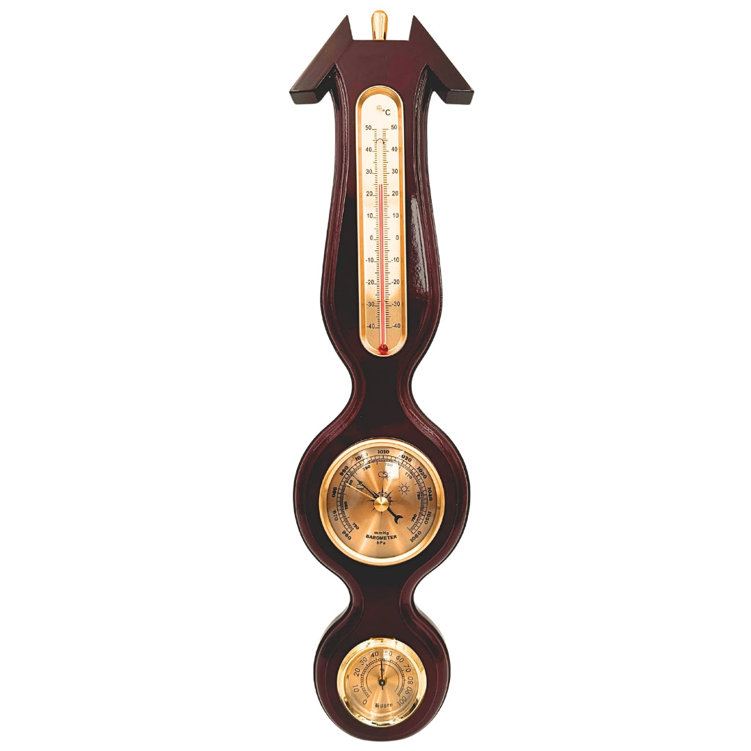 Elegáns 3 az 1-ben időjárás-állomás gravírozással – hőmérő, barométer, higrométer sötét fában, 40cm