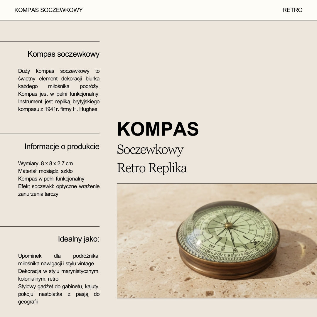 Kompas Soczewkowy Mosiężny Retro Replika z Grawerem – Personalizowany Prezent dla Podróżnika, Styl Marynistyczny, Wymiary 8x8x2,7 cm, Mosiądz i Szkło, Inspirujące Przysłowie