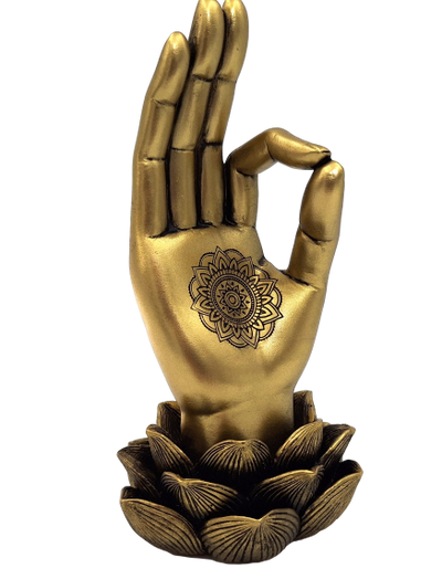 Arany Buddha-kéz Mudra OM szobrocska gravírozással - elegáns ajándék dekoráció - lótuszvirág, 21cm, polirezin, glamour stílus