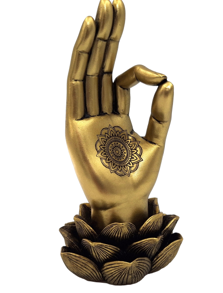 Arany Buddha-kéz Mudra OM szobrocska gravírozással - elegáns ajándék dekoráció - lótuszvirág, 21cm, polirezin, glamour stílus