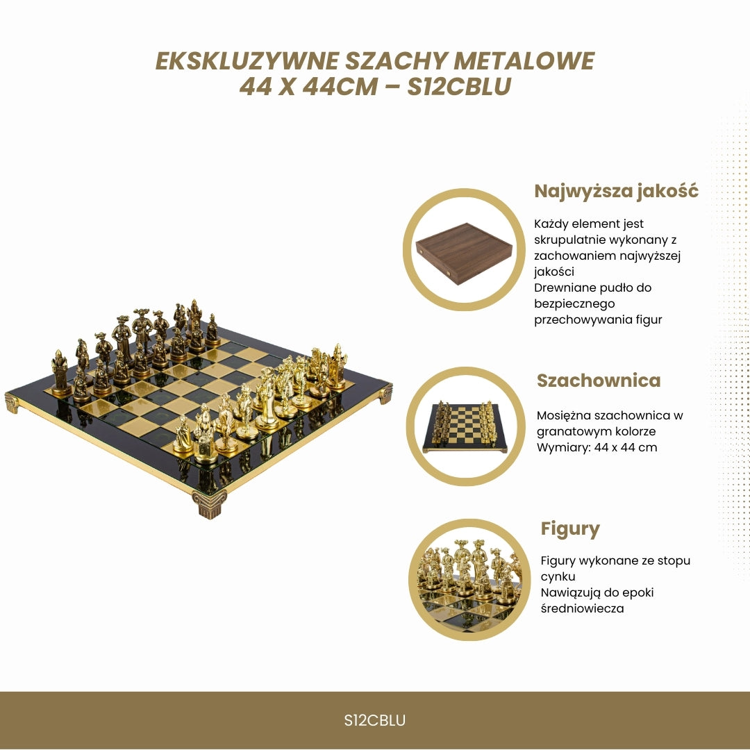 Ekskluzywne Szachy Metalowe z Mosiężną Szachownicą 44 x 44 cm – Średniowieczne Figury z Możliwością Personalizacji Grawerem