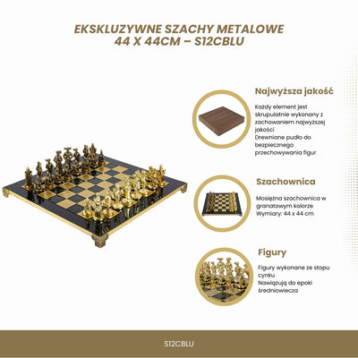 Ekskluzywne Szachy Metalowe z Mosiężną Szachownicą 44 x 44 cm – Średniowieczne Figury z Możliwością Personalizacji Grawerem