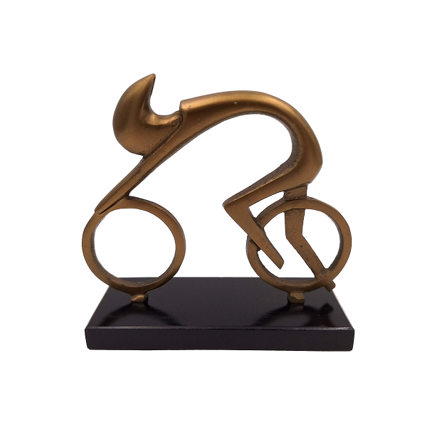 Kerékpáros figura Kerékpáros VB26/9 gravírozással - elegáns ajándék kerékpárosoknak, magasság 18 cm, sárgaréz és fekete, minimalista beltéri dekoráció