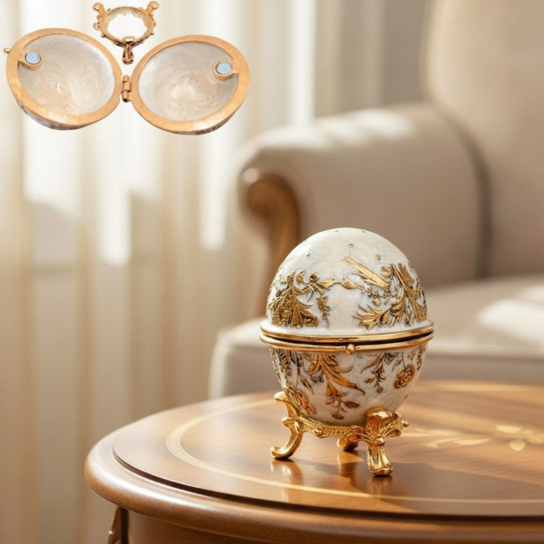 Exkluzív fém Fabergé-tojás ékszerdoboz kristályokkal, fehér-arany színben, gravírozással történő személyre szabási lehetőséggel