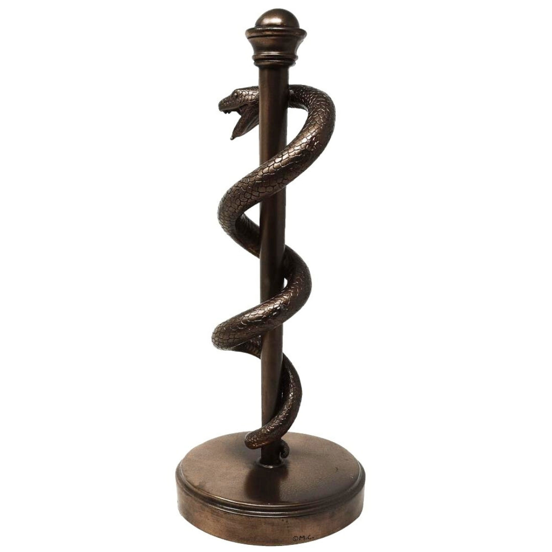 30 cm-es Aszklépiosz pálcája figura gyantából - személyre szabott ajándék orvosnak, ápolónak vagy gyógyszerésznek - barna/réz dekoráció gravírozással