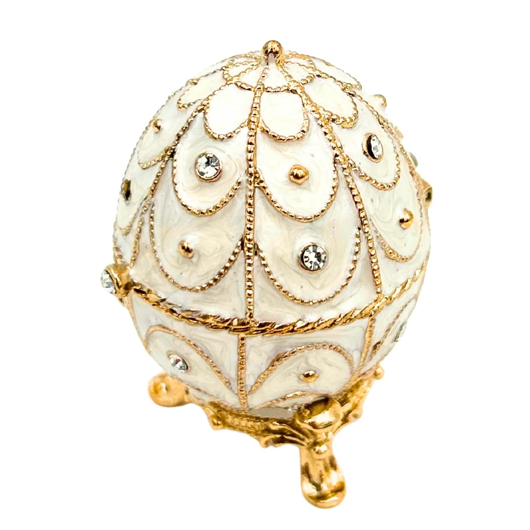 Ekskluzywna Szkatułka Jajo Fabergé Metalowa z Kryształkami w Kolorze Biało-Złotym z Możliwością Personalizacji Grawerem