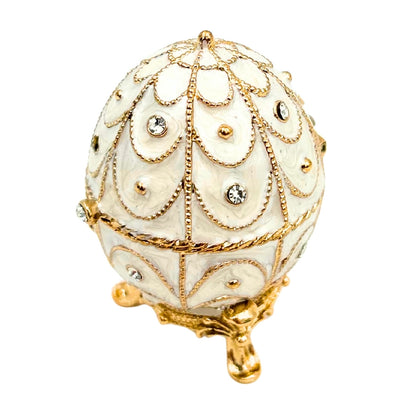 Ekskluzywna Szkatułka Jajo Fabergé Metalowa z Kryształkami w Kolorze Biało-Złotym z Możliwością Personalizacji Grawerem