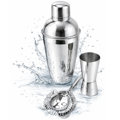 Steel 3 részes bártenderszett személyre szabható gravírozási lehetőséggel - shaker 750 ml, jigger 15/30 ml, strainer - elegáns ajándék a koktélok kedvelőinek, rozsdamentes acél, ezüst szín