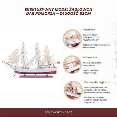 Exkluzív Dar Pomorza vitorláshajó-modell, 82 cm, személyre szabható gravírozással