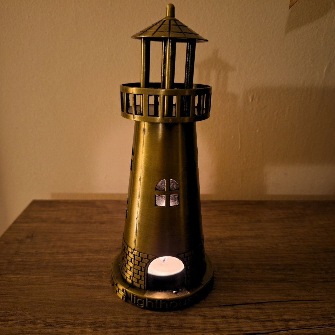 Világítótorony tealight gyertyatartó 18,5 cm antik arany színben, gravírozási lehetőséggel