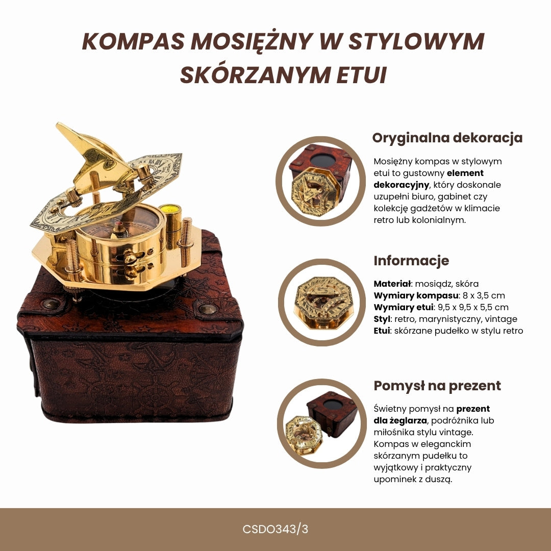 Sárgaréz iránytű stílusos bőrdobozban, gravírozási lehetőséggel – retró vintage ajándék utazónak, vitorlázónak - 8 cm magas, elegáns sárgaréz dizájn