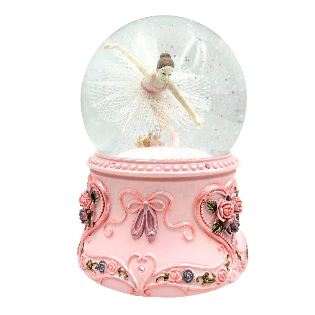 Táncoló balerina üveggömbben, 15cm, személyre szabott gravírozással - elegáns zenélő doboz pasztell talppal és A hattyúk tava dallamával