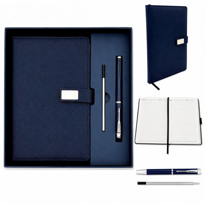 Elegancki Granatowy Skórzany Notes A5 z Długopisem i Personalizowanym Grawerem w Pudełku Prezentowym