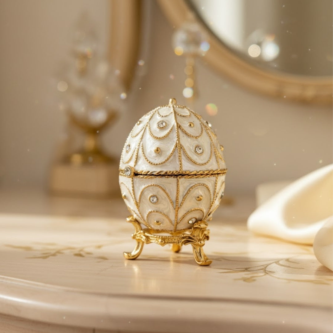 Exkluzív fém Fabergé-tojás ékszerdoboz kristályokkal, fehér-arany színben, gravírozással történő személyre szabási lehetőséggel