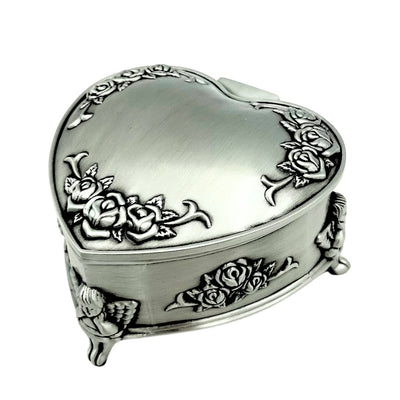 Szkatułka metalowa w kształcie serca z możliwością personalizacji grawerem – elegancki prezent na Walentynki, rocznicę lub urodziny, zdobiona motywem róży, wymiary 8,7 x 8,4 x 5,1 cm