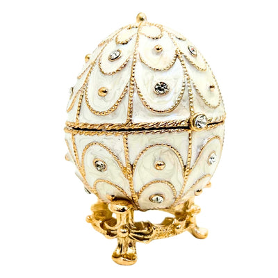 Ekskluzywna Szkatułka Jajo Fabergé Metalowa z Kryształkami w Kolorze Biało-Złotym z Możliwością Personalizacji Grawerem