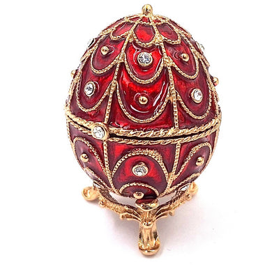 Ekskluzywna metalowa szkatułka Fabergé z kryształkami w kolorze czerwono-złotym, możliwość personalizacji grawerem, idealna na prezent, wymiary 5,5x6,5cm