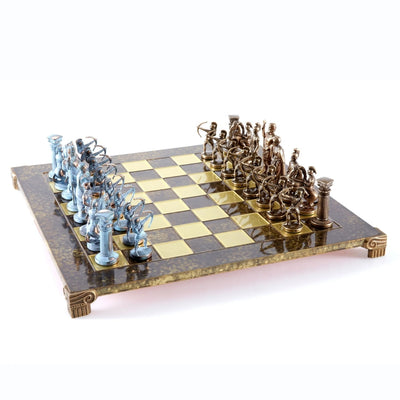 Íjászok sárgaréz sakk 44x44cm személyre szabható gravírozási lehetőséggel – luxusajándék a mitológia és a stratégia kedvelőinek, kiváló minőségű, kézzel készített figurák