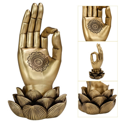 Arany Buddha-kéz Mudra OM szobrocska gravírozással - elegáns ajándék dekoráció - lótuszvirág, 21cm, polirezin, glamour stílus
