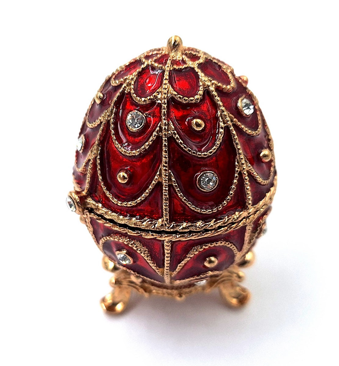 Ekskluzywna metalowa szkatułka Fabergé z kryształkami w kolorze czerwono-złotym, możliwość personalizacji grawerem, idealna na prezent, wymiary 5,5x6,5cm