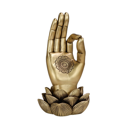 Arany Buddha-kéz Mudra OM szobrocska gravírozással - elegáns ajándék dekoráció - lótuszvirág, 21cm, polirezin, glamour stílus