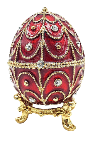 Exkluzív fém Fabergé ékszerdoboz kristályokkal piros-arany színben, gravírozással személyre szabható, ideális ajándék, méretek 5,5x6,5cm
