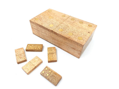 Drewniane Domino z Mango w Pudełku z Grawerem - Personalizowany Prezent dla Dorosłych, 28 Płytek, Zdobienia Mosiężne, Wymiary Pudełka 15 x 8 x 4,5 cm