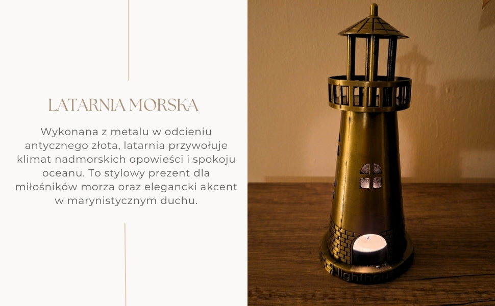 Latarnia Morska Świecznik na Tealight 18,5 cm w Antycznym Złocie z Opcją Grawerunku