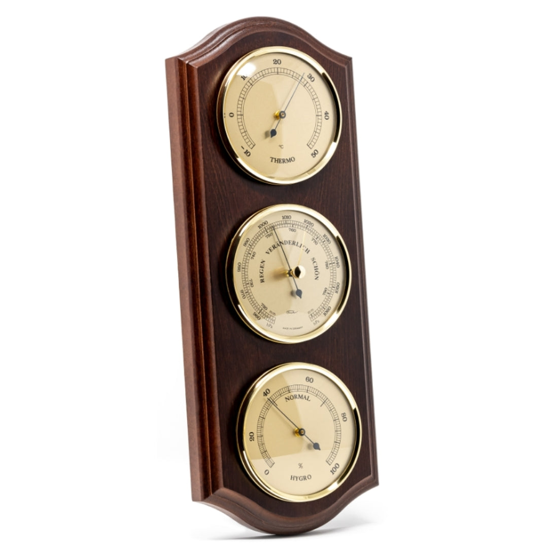 Fischer 9176-22 időjárás-állomás barométerrel, higrométerrel és hőmérővel, sárgaréz keretben, mahagóni talpon, gravírozással történő személyre szabási lehetőséggel