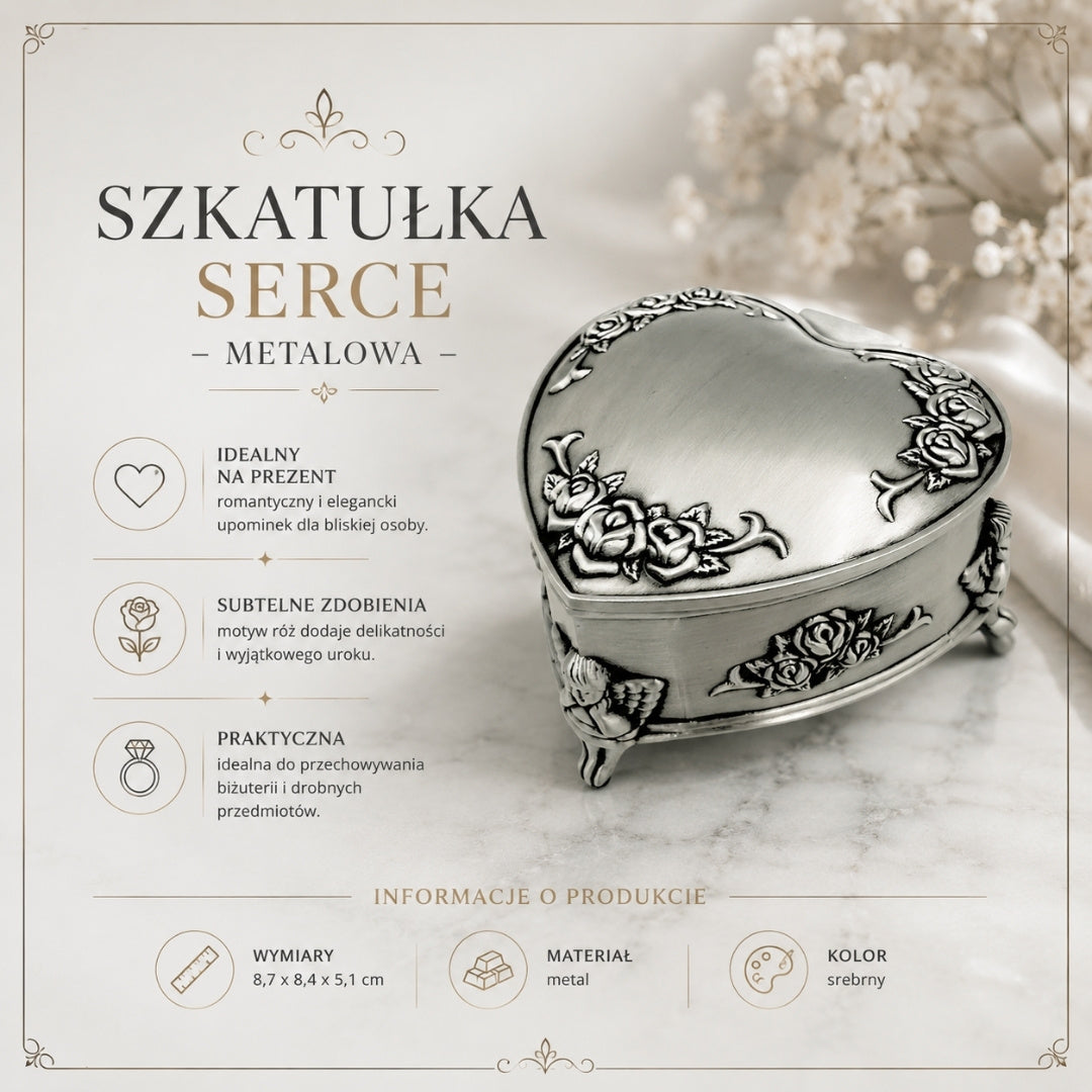 Szkatułka metalowa w kształcie serca z możliwością personalizacji grawerem – elegancki prezent na Walentynki, rocznicę lub urodziny, zdobiona motywem róży, wymiary 8,7 x 8,4 x 5,1 cm